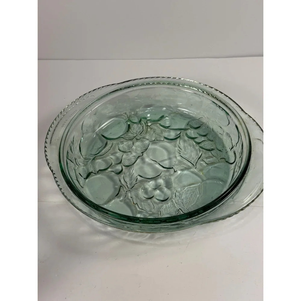 Vintage Libbey Green Glass Pie Dish Embossed Orchard Fruit Pattern Oven Proof 9